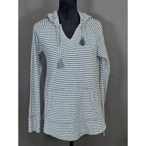 Roxy Women’s Gray & White Stripe Hoodie Pullover Medium V-Neck Kangaroo Pocket